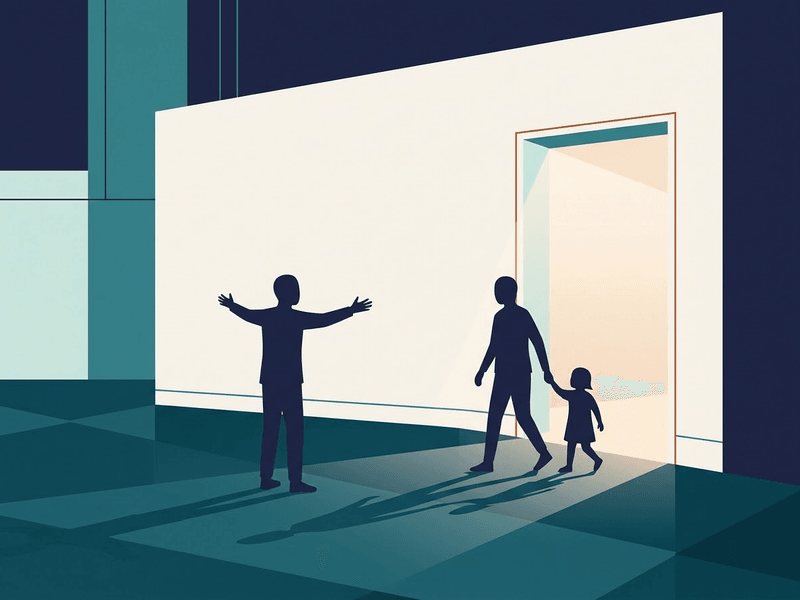A figure with open arms welcomes an adult and a child stepping in through an open door